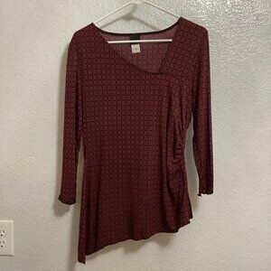 Egen Tunic L Black Red 3/4 Sleeve Asymmetrical Hem Ruched Side Top NWOT